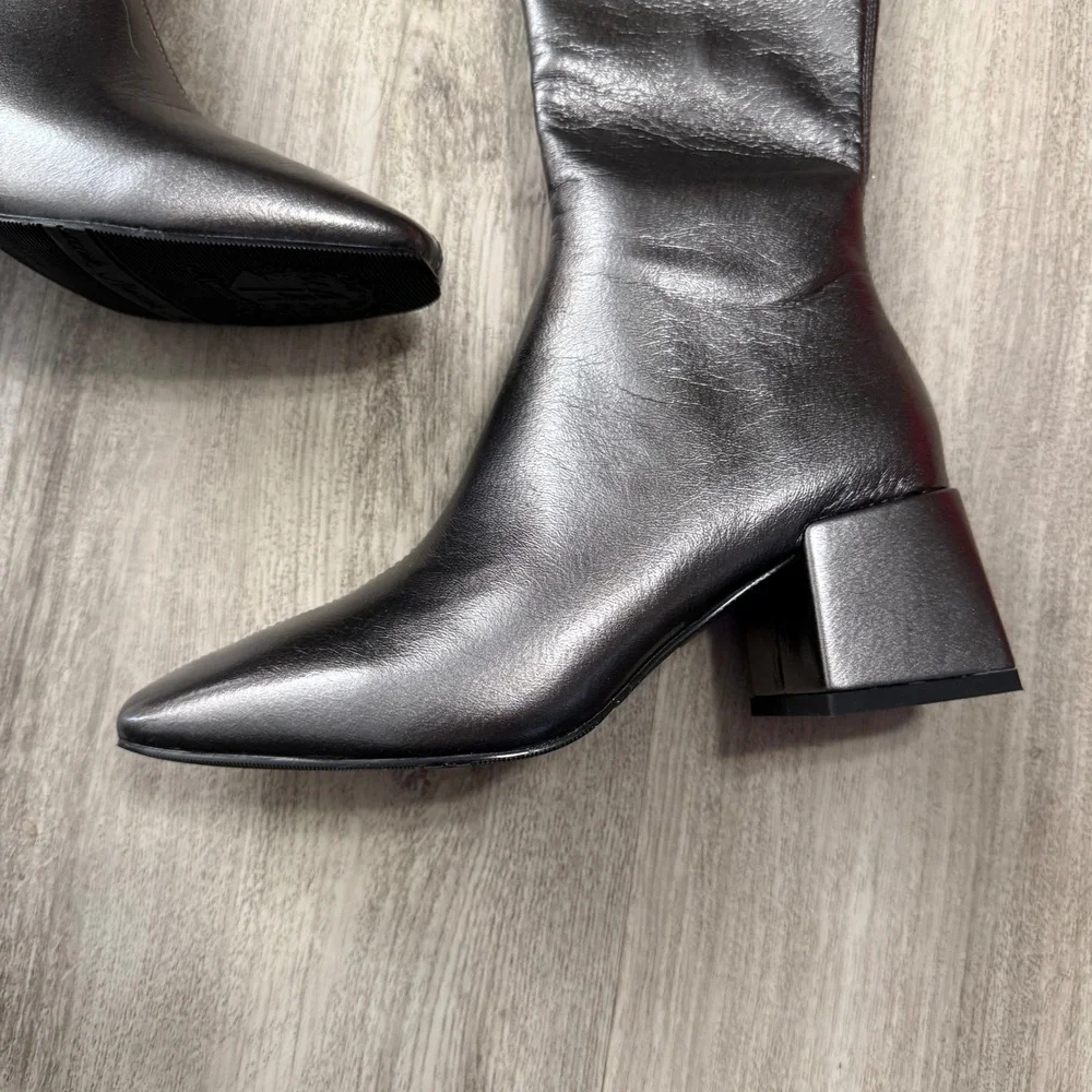 Muccute Gunmetal‎ Metallic Over The Knee Square Toe Block Heel Boots B111 7.5